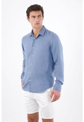 Tennis Camisa Regular Fit Con Botones Blancos En Lino Azul Para Hombre