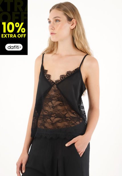 Camisa En Encaje Con Detalle De Copas Negra Para Mujer