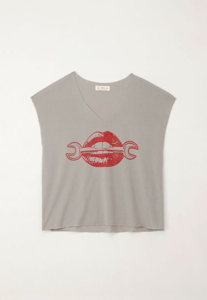 Camiseta Básica Estampada Manga Corta Gris Para Mujer