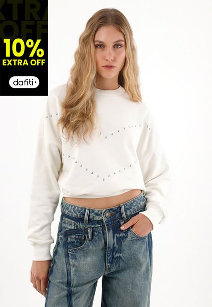 Buzo Cerrado Con Taches Decorativos Crudo Para Mujer