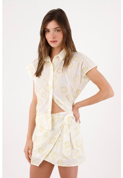 Tennis Falda Mini Con Nudo Lateral En Algodón Blanco Y Amarillo Para Mujer