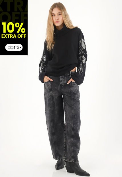 Buzo Con Bordado De Lentejuelas En Mangas Negro Para Mujer