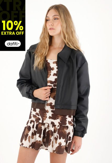 Chaqueta Corta Con Efecto Cuero Negra Para Mujer