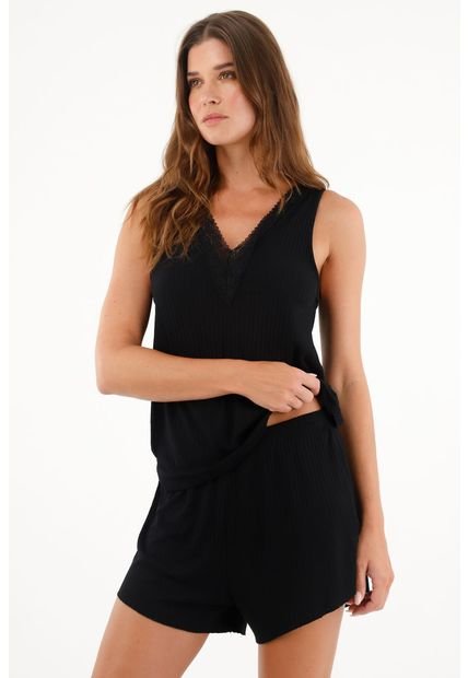 Pijama De Short Con Encaje Negra Para Mujer