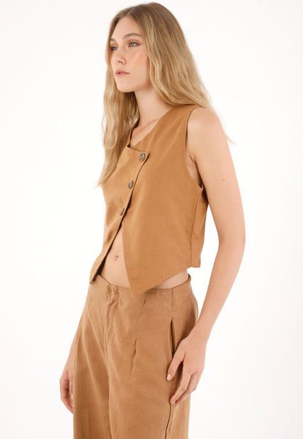 Chaleco En 100% Lino De Diseño Cruzado Café Para Mujer
