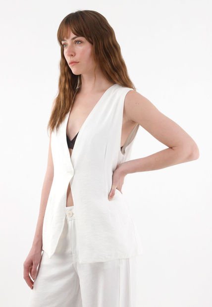 Chaleco Largo Con Escote En V Crudo Para Mujer