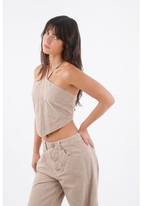 Tennis Top Halter Para Mujer De Algodón Beige Corto Con Tiras
