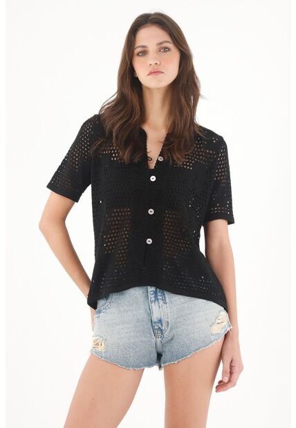 Tennis Camisa En Tejido Abierto Con Flores Negra Para Mujer