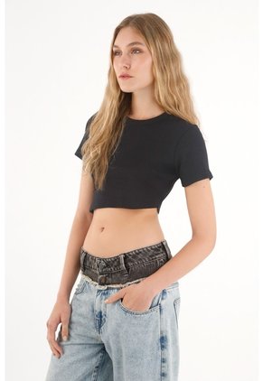 Tennis Camiseta Manga Corta En Rib Negra Para Mujer