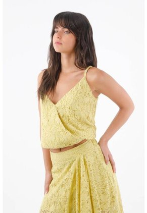 Tennis Top De Tiras Para Mujer En Encaje De Algodón Amarillo Fit Relajado Con Escote Cruzado