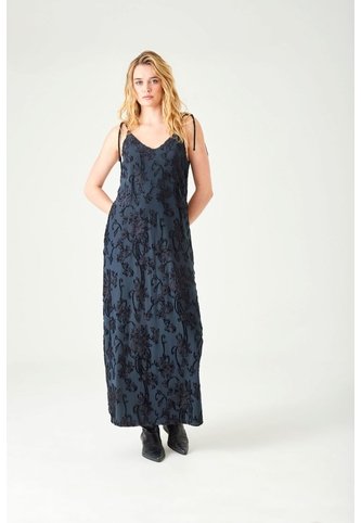 Tennis Vestido Largo Recto Con Textura Floral En Tela Azul Noche Para Mujer Tennis