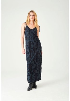 Tennis Vestido Largo Recto Con Textura Floral En Tela Azul Noche Para Mujer