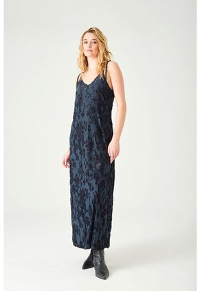 Tennis Vestido Largo Recto Con Textura Floral En Tela Azul Noche Para Mujer