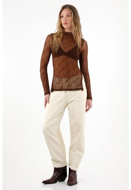 Jean Balloon Efecto Cuero Con Parches Para Mujer