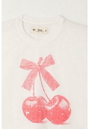 Camiseta Básica Con Estampado De Cerezas Crudo Para Niña