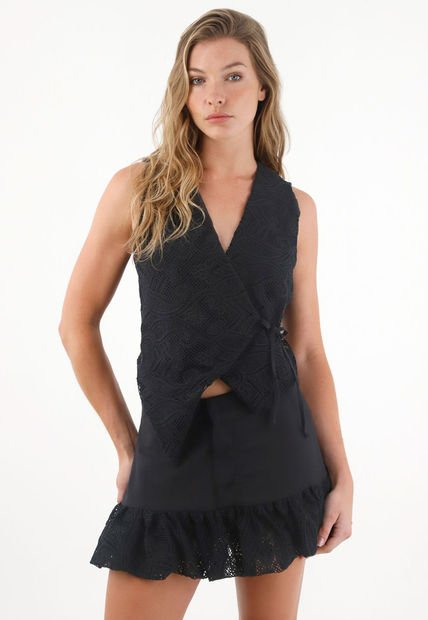 Camisa Tipo Chaleco Bordada Negra Para Mujer