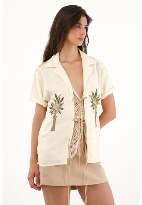 Tennis Camisa Tipo Bowling Con Bordado De Palmeras Para Mujer