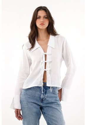 Tennis Camisa En 100% Lino Con Tiras Que Anudan En Frente Blanca Para Mujer