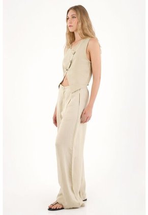 Pantalón Wide Leg En 100% Lino Café Para Mujer