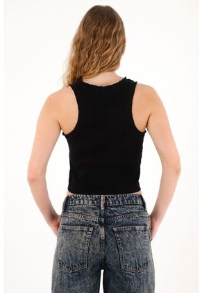 Tennis Camiseta Negra En Rib Manga Sisa Para Mujer