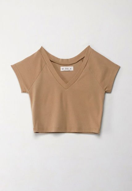 Camiseta Crop Con Escote En V Crudo Para Mujer