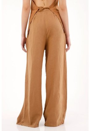 Tennis Pantalón Wide Leg En 100% Lino Café Con Textura Lisa Para Mujer