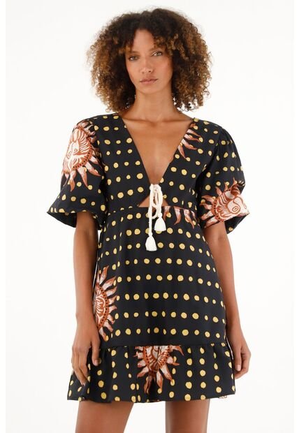 Tennis Vestido Negro Estampado Manga Corta Para Mujer