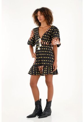 Tennis Vestido Negro Estampado Manga Corta Para Mujer