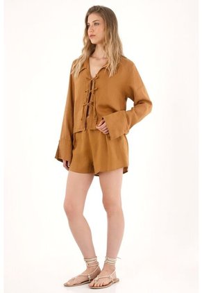 Tennis Camisa En 100% Lino Con Tiras Que Anudan En Frente Café Para Mujer