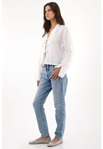 Tennis Camisa En 100% Lino Con Tiras Que Anudan En Frente Blanca Para Mujer Tennis