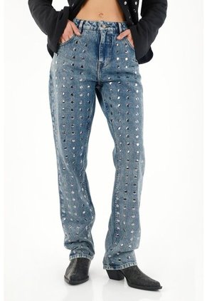 Tennis Jean Recto De Tiro Medio Con Apliques De Brillo Para Mujer