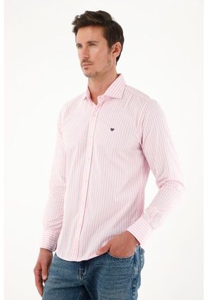 Camisa Con Diseño A Rayas Manga Larga Rosada Para Hombre