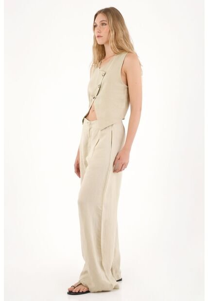 Pantalón Wide Leg En 100% Lino Café Para Mujer