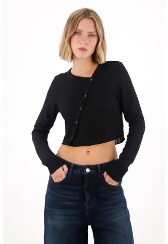 Tennis Camiseta Manga Larga Crop Negra Para Mujer Tennis