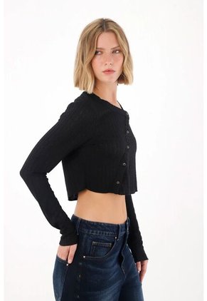 Tennis Camiseta Manga Larga Crop Negra Para Mujer