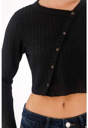 Tennis Camiseta Manga Larga Crop Negra Para Mujer