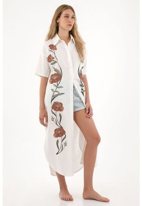 Tennis Vestido Largo Tipo Camisa Manga Larga Crudo Para Mujer