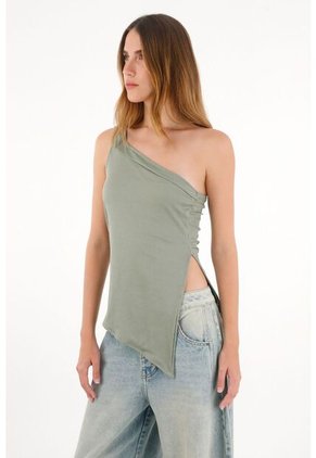 Tennis Camiseta En Rib De Un Solo Hombro Verde Para Mujer