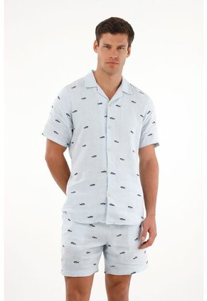 Tennis Camisa Azul Con Bordado De Peces Para Hombre