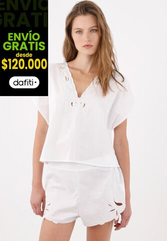 Tennis Bermuda Tradicional Con Borde Calado Floral En Algodón Blanco Para Mujer Tennis