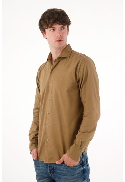 Camisa Manga Larga Café Para Hombre