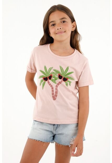 Camiseta Rosada Estampado Palmeras Para Niña