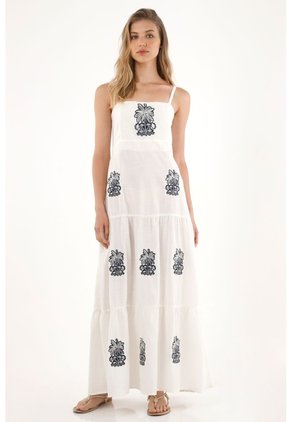 Tennis Vestido Largo Con Vuelo Y Apliques Bordados Crudo De Silueta Ajustada Para Mujer