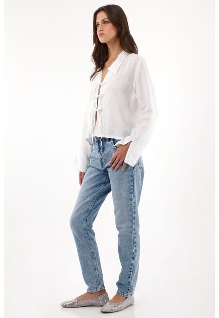 Tennis Camisa En 100% Lino Con Tiras Que Anudan En Frente Blanca Para Mujer