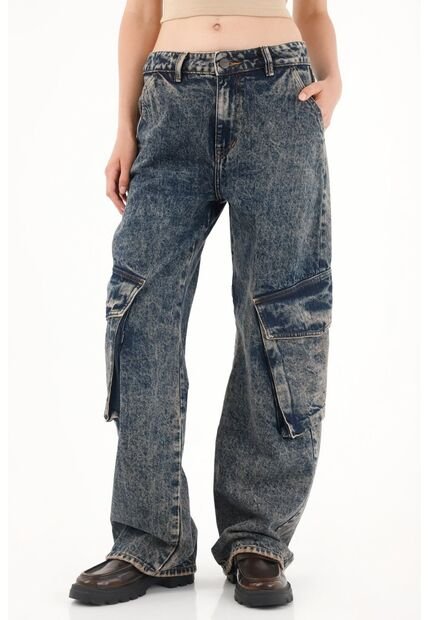 Tennis Jean Wide Leg Tiro Bajo Cargo Para Mujer