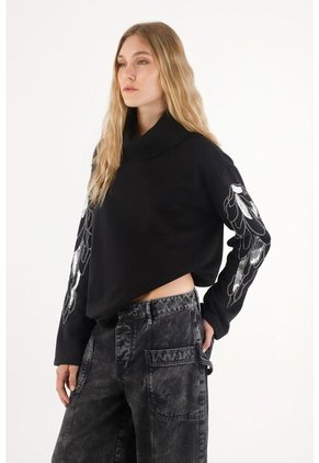 Tennis Buzo Con Bordado De Lentejuelas En Mangas Negro Para Mujer