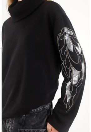 Tennis Buzo Con Bordado De Lentejuelas En Mangas Negro Para Mujer