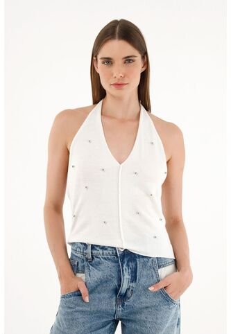 Tennis Camiseta Tejida Crudo Con Apliques De Brillo Para Mujer Tennis