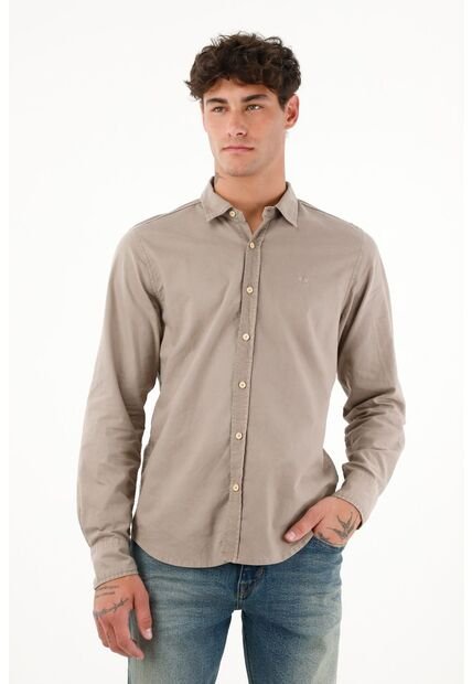 Camisa Manga Larga Con Raqueta Bordada Café Para Hombre