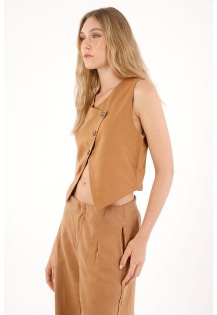 Tennis Chaleco En 100% Lino De Diseño Cruzado Café Para Mujer